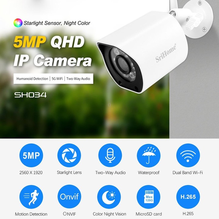 SriHome SH034 5.0MP Mini Dual 2.4 / 5G WiFi Outdoor IP66Waterproof Video Surveillance Color Night Vision Security CCTV Cam, Plug