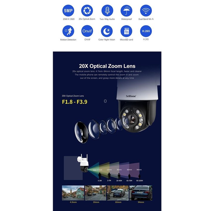 SriHome SH041 5.0MP 20X Optical Zoom 2.4G/5G WiFi IP66 Waterproof AI Auto Tracking H.265 Video Surveillance, Plug Type:US Plug(W