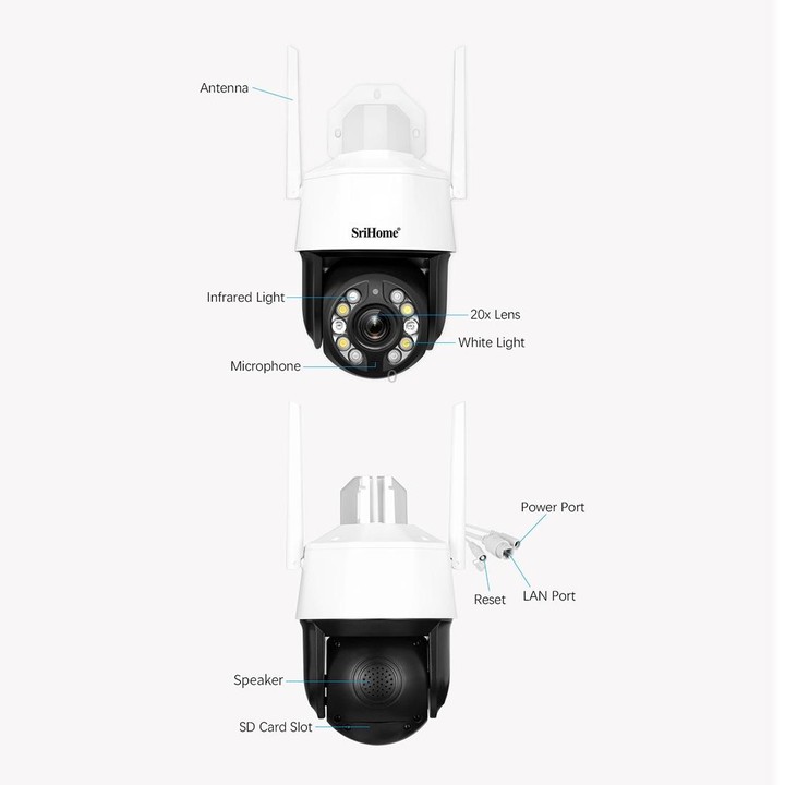 SriHome SH041 5.0MP 20X Optical Zoom 2.4G/5G WiFi IP66 Waterproof AI Auto Tracking H.265 Video Surveillance, Plug Type:AU Plug(W