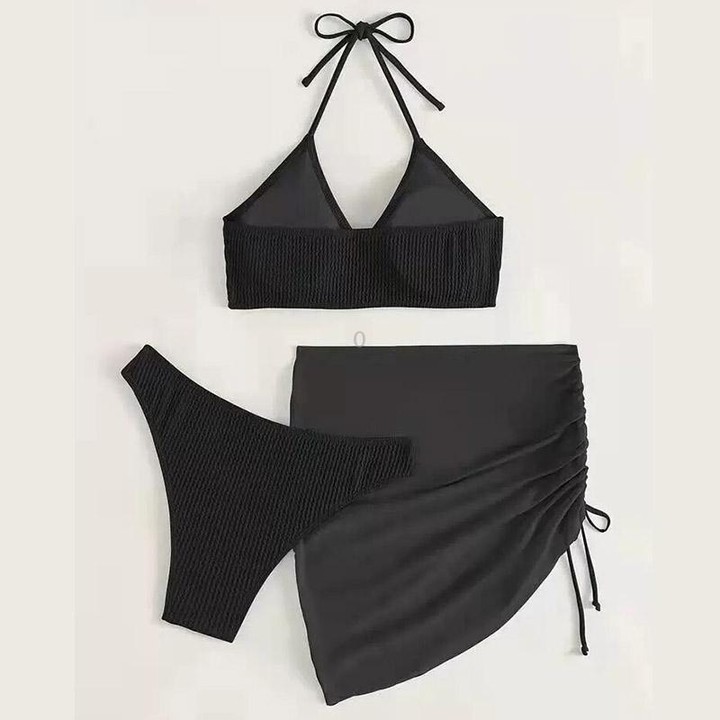 3 in 1 Set Sexy Backless Bikini Ladies Split Swimsuit with Short Skirt, Size:M(Black)