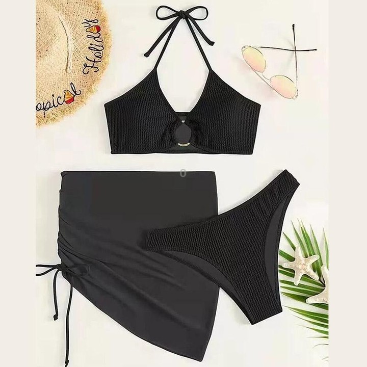 3 in 1 Set Sexy Backless Bikini Ladies Split Swimsuit with Short Skirt, Size:L(Black)