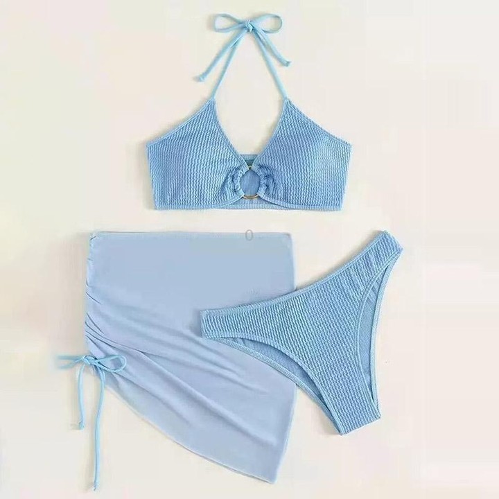 3 in 1 Set Sexy Backless Bikini Ladies Split Swimsuit with Short Skirt, Size:L(Blue)