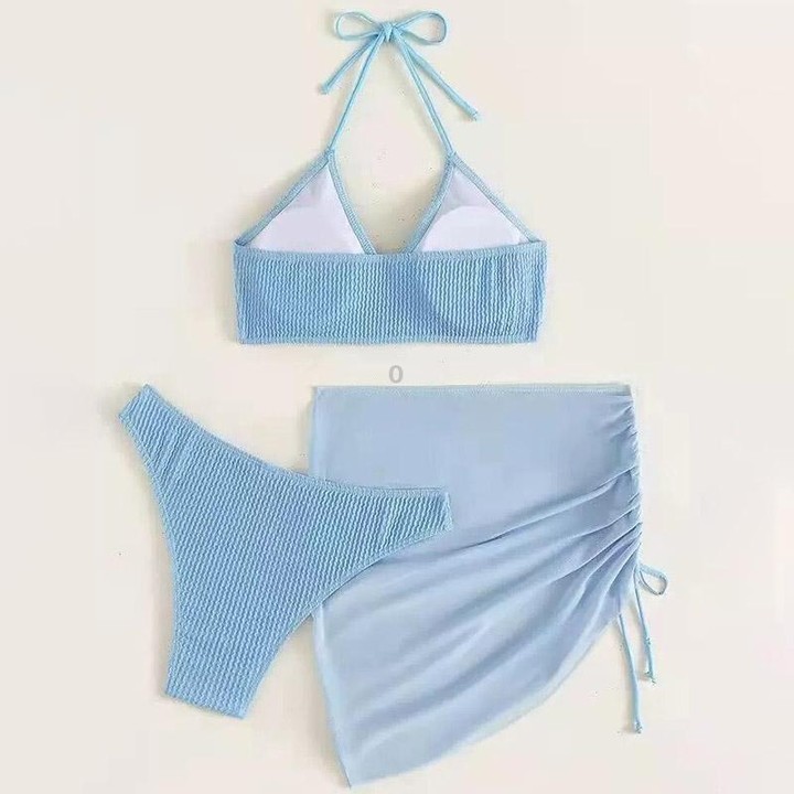 3 in 1 Set Sexy Backless Bikini Ladies Split Swimsuit with Short Skirt, Size:XL(Blue)