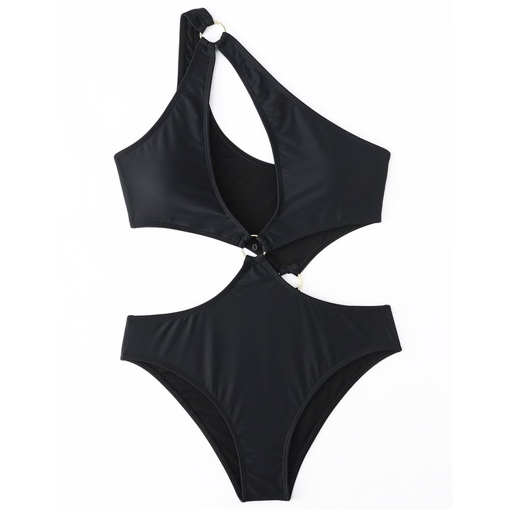 Solid Color One Piece Bikini Swimsuit, Size:L(Black)