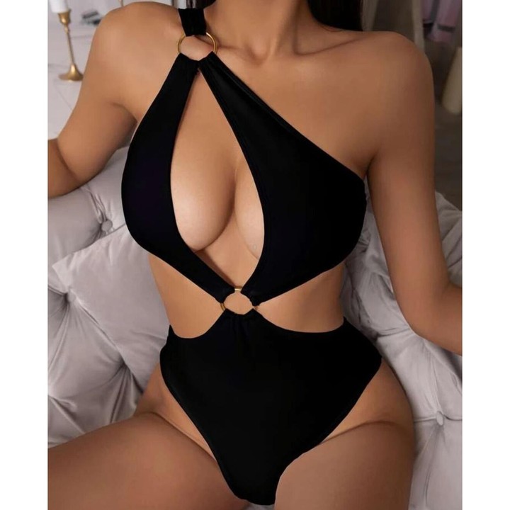 Solid Color One Piece Bikini Swimsuit, Size:XL(Black)