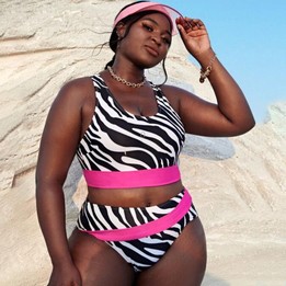 Sexy Printed Plus Size High Waist Split Bikini Swimsuit, Size:XL(As Show)