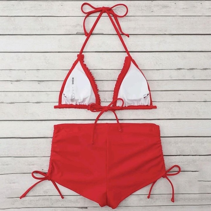 Sexy Laciness Pleated Split Bikini Swimsuit, Size:S(Red)