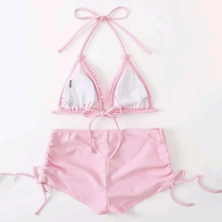 Sexy Laciness Pleated Split Bikini Swimsuit, Size:S(Pink)