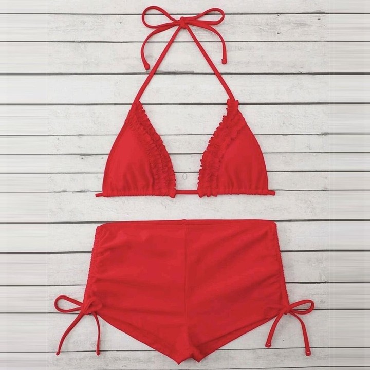 Sexy Laciness Pleated Split Bikini Swimsuit, Size:M(Red)