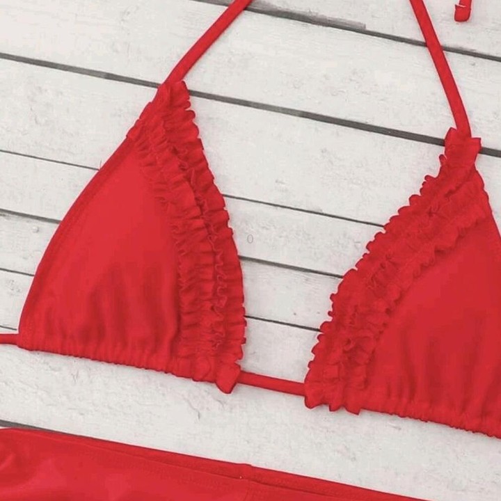 Sexy Laciness Pleated Split Bikini Swimsuit, Size:M(Red)