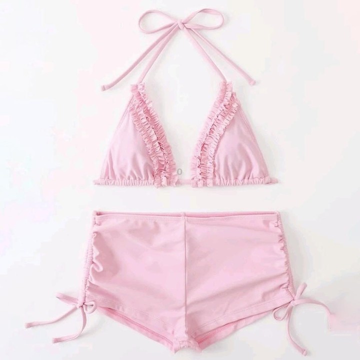 Sexy Laciness Pleated Split Bikini Swimsuit, Size:M(Pink)