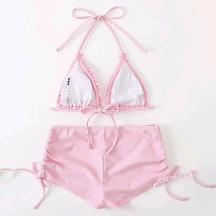 Sexy Laciness Pleated Split Bikini Swimsuit, Size:L(Pink)