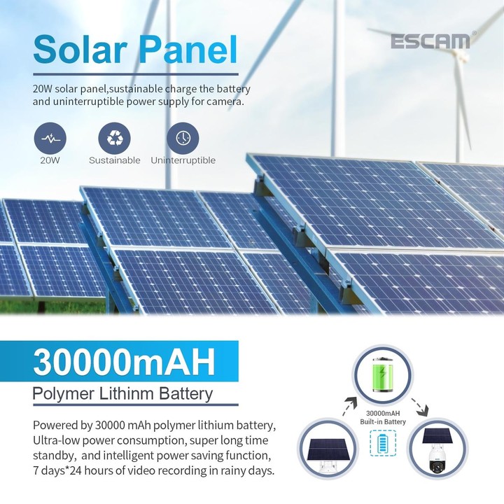 ESCAM QF724 3MP 24h Recording Cloud Storage PT 4G PIR Alarm IP Camera with Solar Panel, European Signal Bands