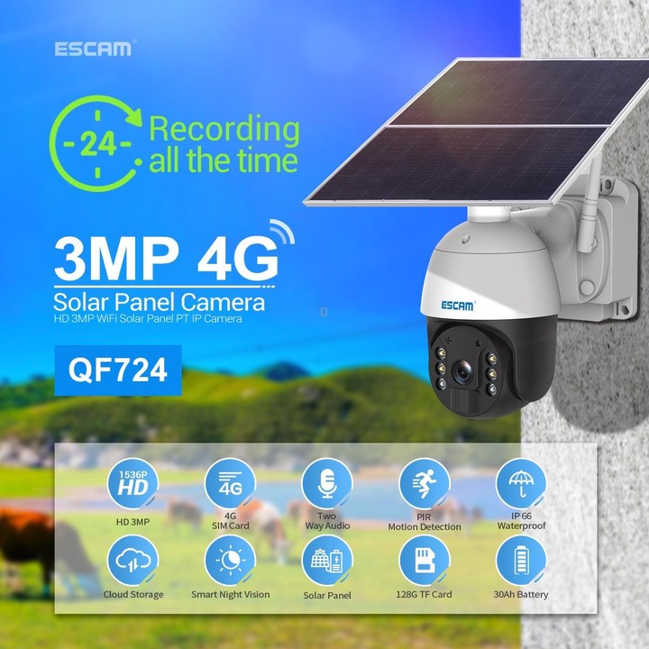 ESCAM QF724 3MP 24h Recording Cloud Storage PT 4G PIR Alarm IP Camera with Solar Panel, European Signal Bands