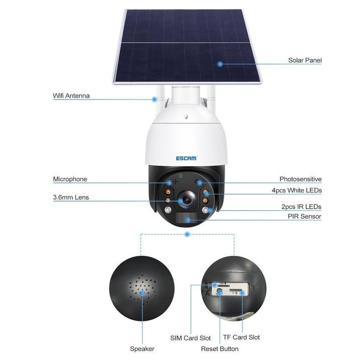 ESCAM QF724 3MP 24h Recording Cloud Storage PT 4G PIR Alarm IP Camera with Solar Panel, European Signal Bands