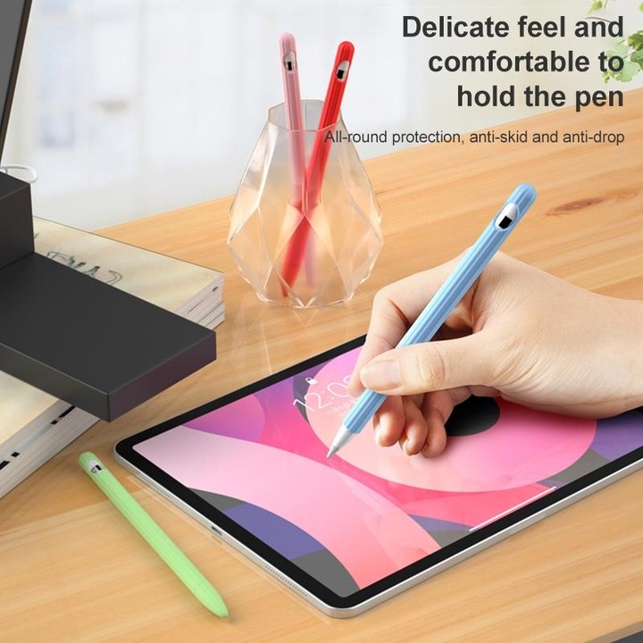 3 in 1 Striped Liquid Silicone Stylus Case with Two Tip Caps For Apple Pencil 2(Sky Blue)