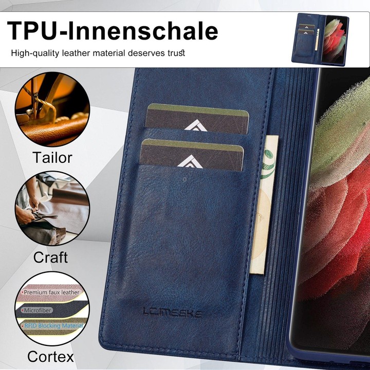 For Samsung Galaxy S21 Ultra 5G LC.IMEEKE RFID Anti-theft Leather Phone Case(Blue)