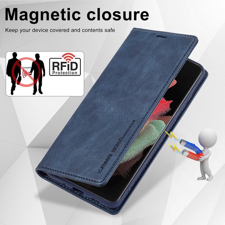 For Samsung Galaxy S21 Ultra 5G LC.IMEEKE RFID Anti-theft Leather Phone Case(Blue)