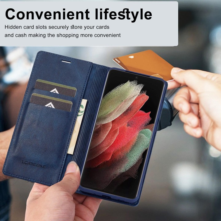 For Samsung Galaxy S21 Ultra 5G LC.IMEEKE RFID Anti-theft Leather Phone Case(Blue)