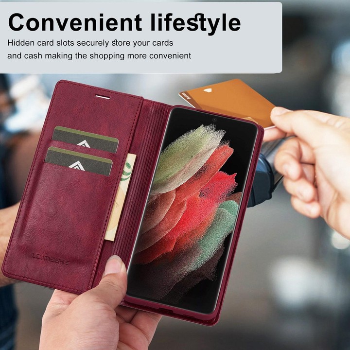 For Samsung Galaxy S21 Ultra 5G LC.IMEEKE RFID Anti-theft Leather Phone Case(Red)