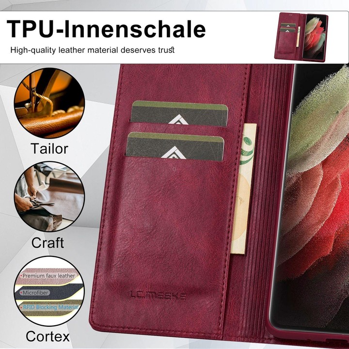 For Samsung Galaxy S21 Ultra 5G LC.IMEEKE RFID Anti-theft Leather Phone Case(Red)