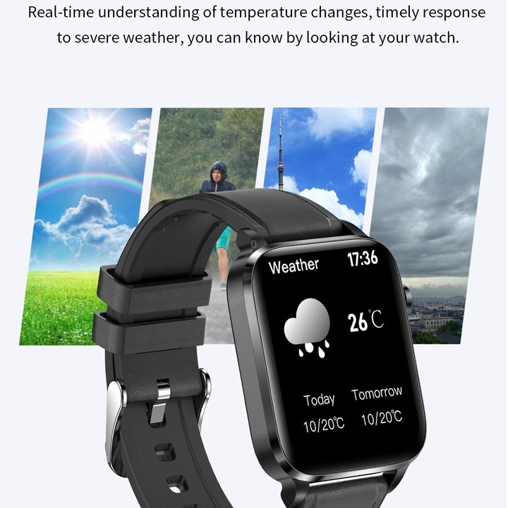 F100 1.7 inch HD Square Screen TPU Strap Smart Watch Supports Body Temperature Monitoring/Blood Oxygen Monitoring(Black)