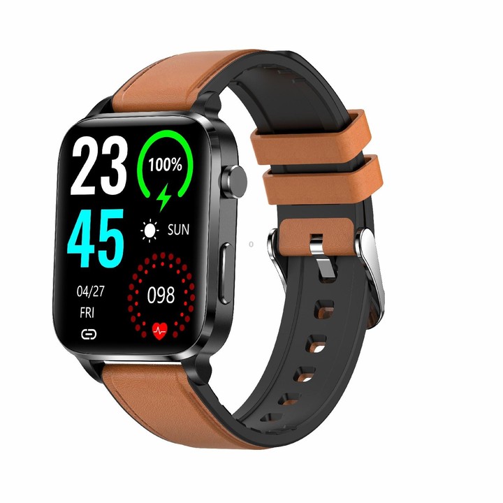 F100 1.7 inch HD Square Screen Leather Strap Smart Watch Supports Body Temperature Monitoring/Blood Oxygen Monitoring(Brown)