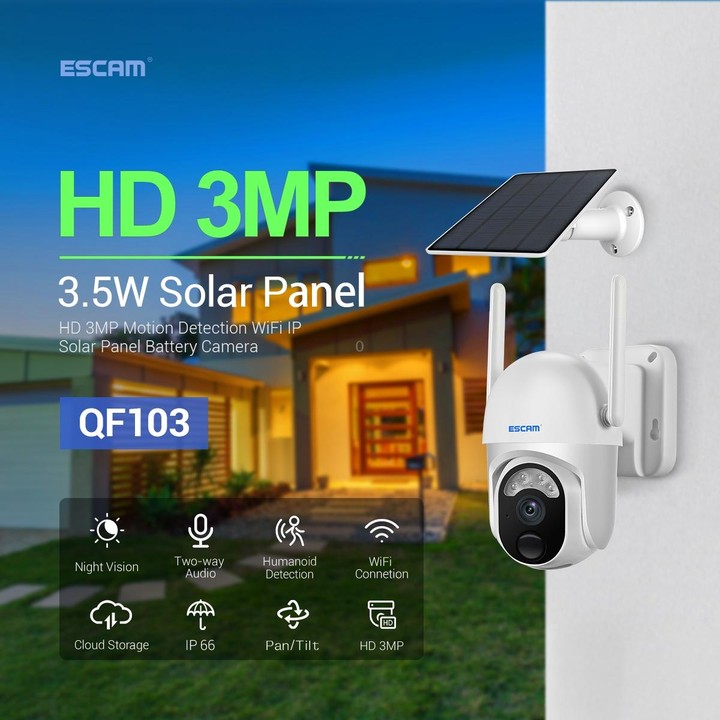 ESCAM QF103 3MP Cloud Storage PT WIFI PIR Alarm IP Camera with Solar Panel Battery Support Full Color Night Vision & Two Way Aud