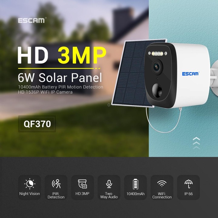 ESCAM QF370 3MP Cloud Storage PT WIFI Solar Panel IP Camera with PIR Alarm Support Night Vision & Two Way Audio