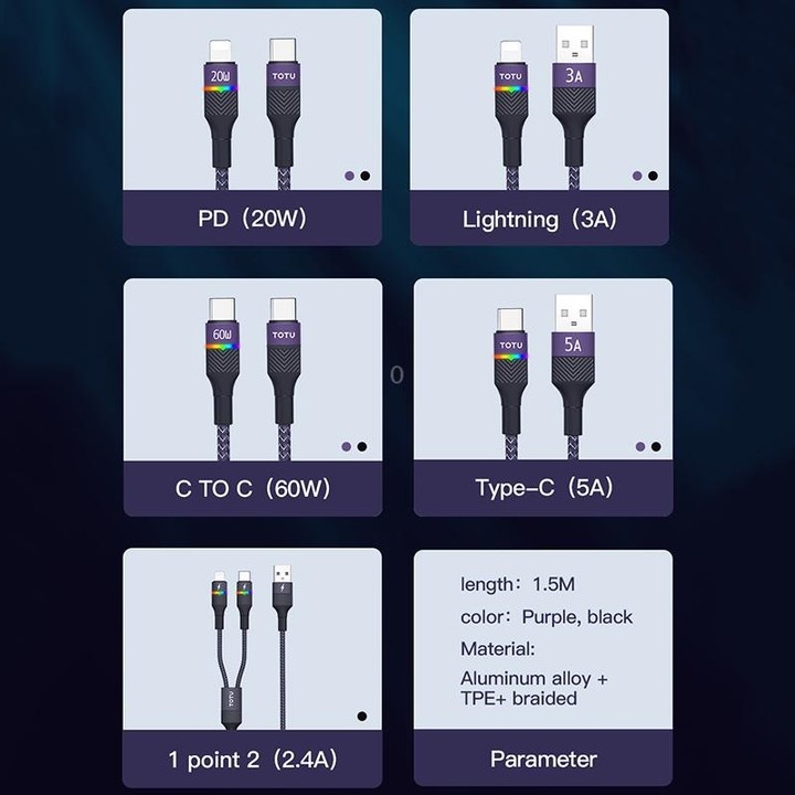 TOTU B2C-001 Journey Series 2 in 1 USB to 8 Pin + Type-C Colorful Breathing Light Data Cable, Length:1.5m(Black)