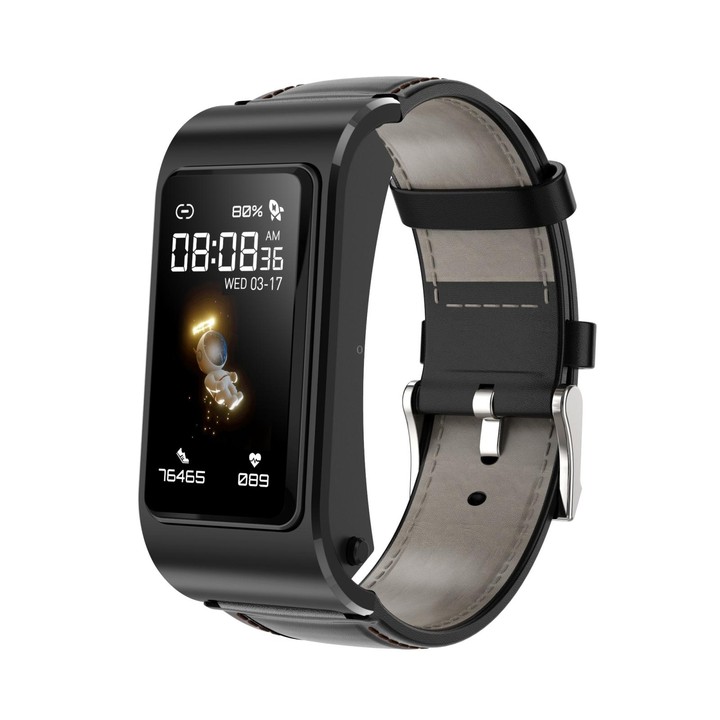 H21 1.14 inch Leather Band Earphone Detachable Smart Watch Support Temperature Measurement / Bluetooth Call / Voice Control(Blac