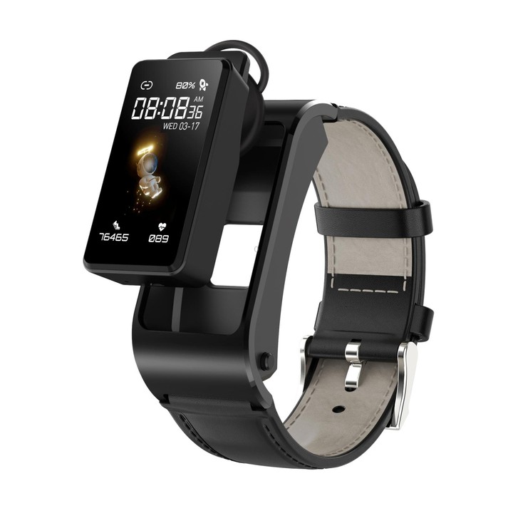 H21 1.14 inch Leather Band Earphone Detachable Smart Watch Support Temperature Measurement / Bluetooth Call / Voice Control(Blac