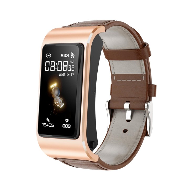 H21 1.14 inch Leather Band Earphone Detachable Smart Watch Support Temperature Measurement / Bluetooth Call / Voice Control(Gold