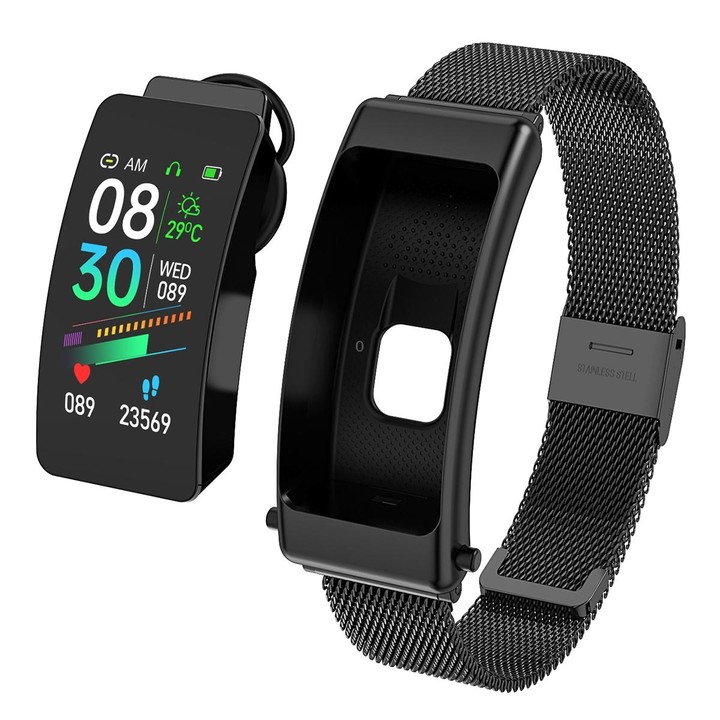 K50 1.08 inch Steel Band Earphone Detachable IP67 Waterproof Smart Watch Support Bluetooth Call(Black)