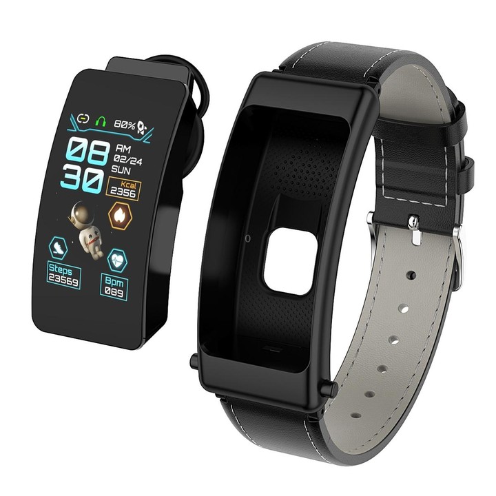 K50 1.08 inch Leather Band Earphone Detachable IP67 Waterproof Smart Watch Support Bluetooth Call(Black)