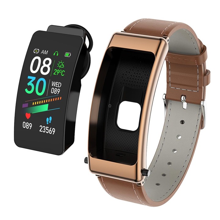 K50 1.08 inch Leather Band Earphone Detachable IP67 Waterproof Smart Watch Support Bluetooth Call(Brown)