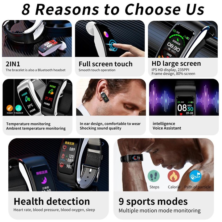 K60 1.08 inch Silicone Band Earphone Detachable Life Waterproof Smart Watch Support Bluetooth Call(Black)