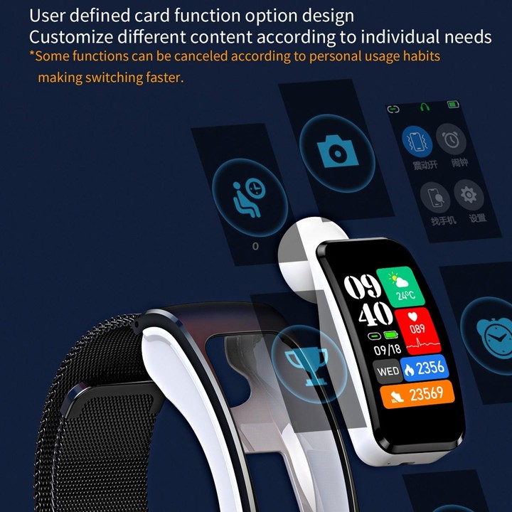 K60 1.08 inch Silicone Band Earphone Detachable Life Waterproof Smart Watch Support Bluetooth Call(Black Silver)