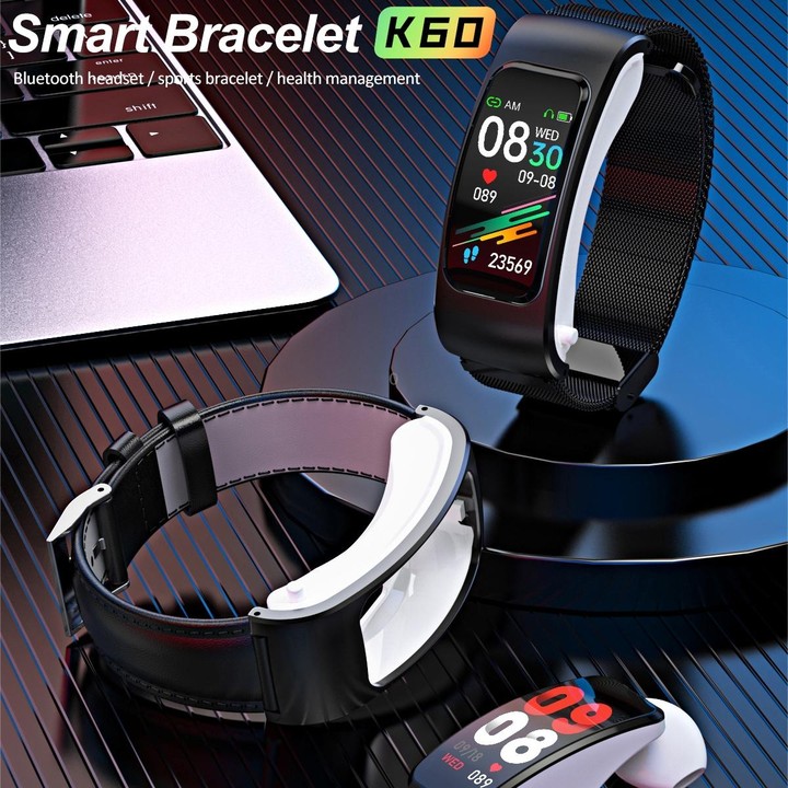 K60 1.08 inch Leather Band Earphone Detachable Life Waterproof Smart Watch Support Bluetooth Call(Black)