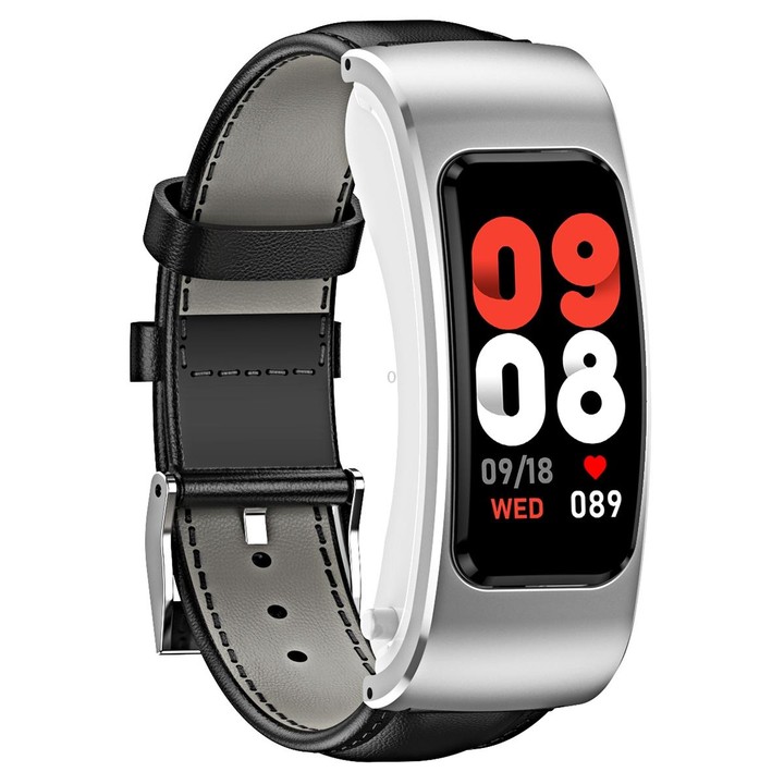 K60 1.08 inch Leather Band Earphone Detachable Life Waterproof Smart Watch Support Bluetooth Call(Black Silver)