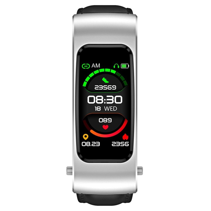 K60 1.08 inch Leather Band Earphone Detachable Life Waterproof Smart Watch Support Bluetooth Call(Black Silver)