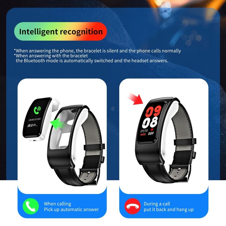 K60 1.08 inch Leather Band Earphone Detachable Life Waterproof Smart Watch Support Bluetooth Call(Black Silver)