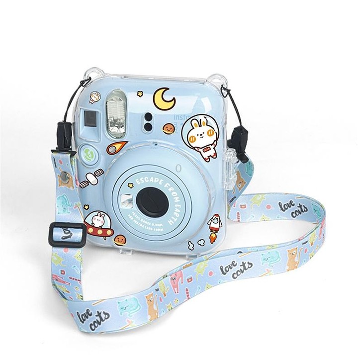 For FUJIFILM instax mini 12 Crystal Hard Acrylic Camera Case with Shoulder Strap(DIY Blue Cat)