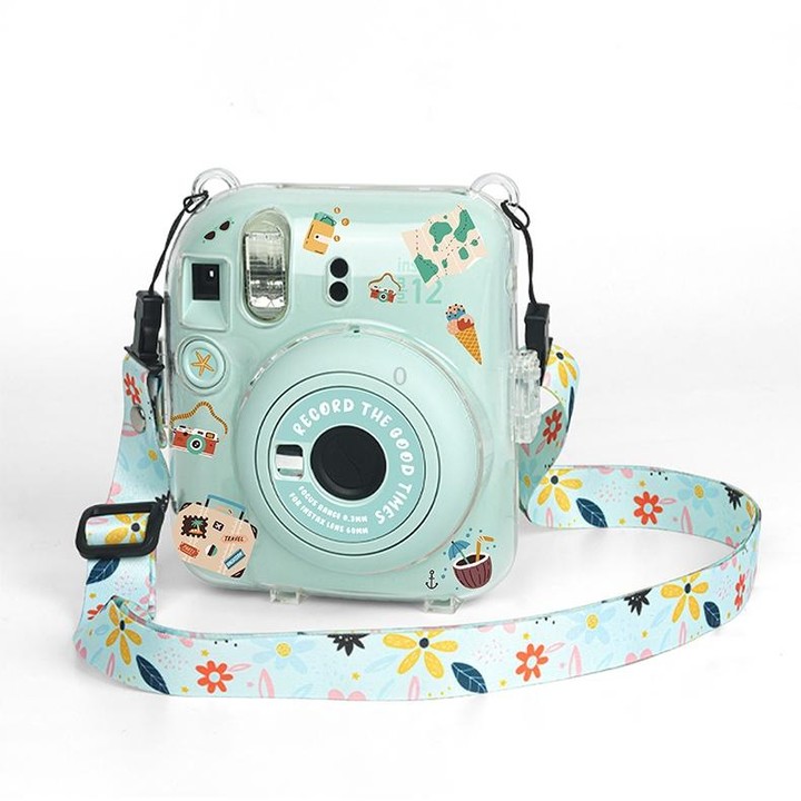 For FUJIFILM instax mini 12 Crystal Hard Acrylic Camera Case with Shoulder Strap(DIY Green Flowers)