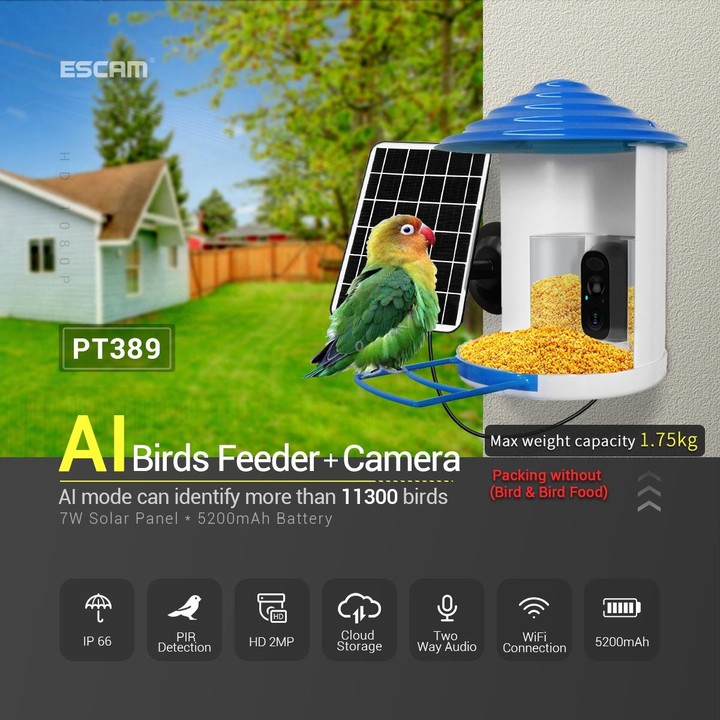 ESCAM PT389 IP66 Waterproof 2MP PIR Motion Detection Two-way Audio Night Vision WiFi Camera with AI Bird Recognition Bird Watchi