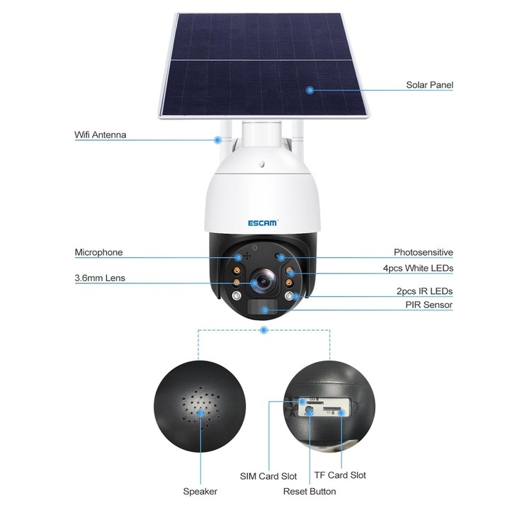 ESCAM QF724 3MP 24h Recording Cloud Storage PT 4G PIR Alarm IP Camera with Solar Panel, AU Signal Bands