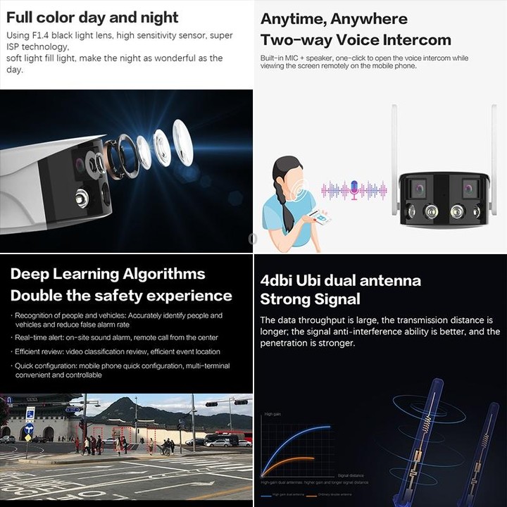 Q38 WIFI Humanoid Recognition AI Alarm 180 Degree Dual 2MP IP Camera, Plug:US Plug