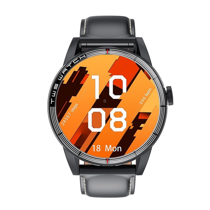 R6 1.32 inch Round Screen 2 in 1 Bluetooth Earphone Smart Watch, Support Bluetooth Call / Health Monitoring(Black Leather Strap)