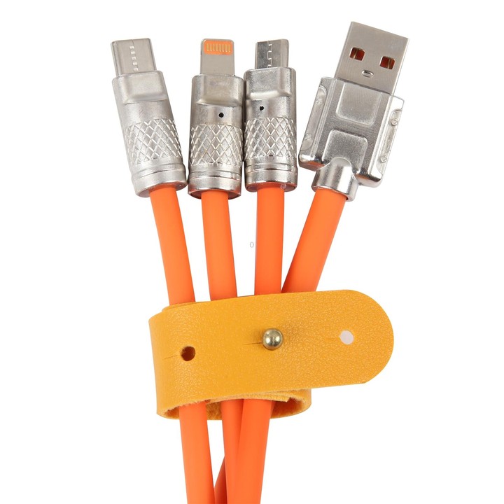 Mech Series 6A 120W 3 in 1 Metal Plug Silicone Fast Charging Data Cable, Length: 1.2m(Orange)