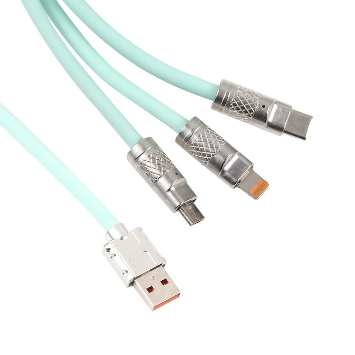 Mech Series 6A 120W 3 in 1 Metal Plug Silicone Fast Charging Data Cable, Length: 1.2m(Mint Green)